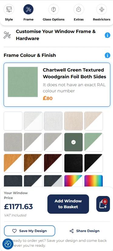 Mobile view: frame colour swatches with price