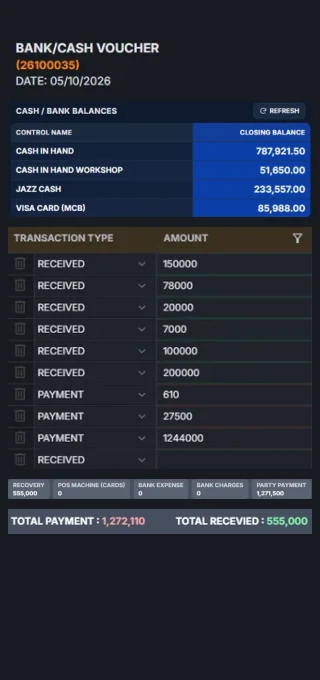 Bank / cash voucher with live balances