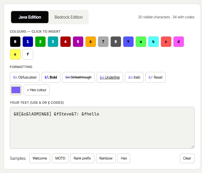 Minecraft color code editor with colour swatches, formatting buttons and hex colour picker