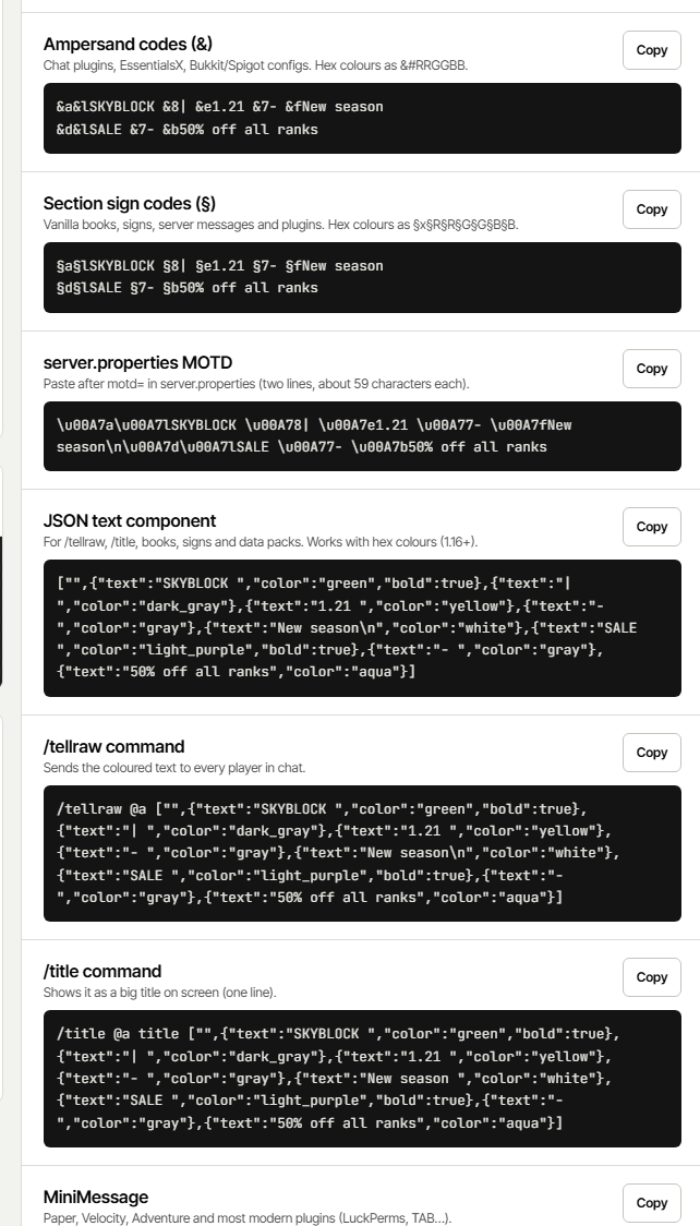 Output formats: ampersand codes, section sign, server.properties MOTD, JSON, tellraw, title, MiniMessage and Bedrock