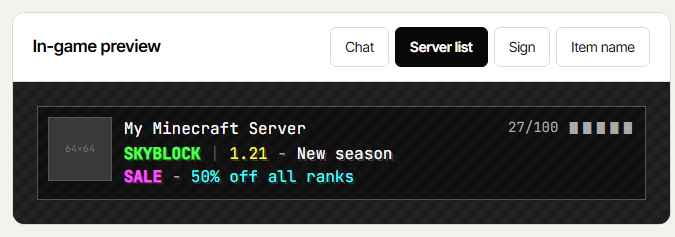 Live Minecraft preview of coloured text in chat