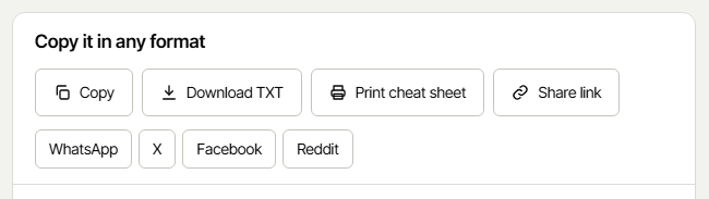 Copy, Download TXT, Print cheat sheet, Share link, WhatsApp, X, Facebook and Reddit buttons