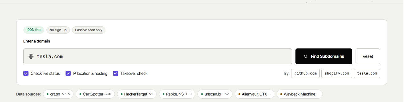 Entering a domain in the subdomain finder with live status, IP location and takeover check switched on