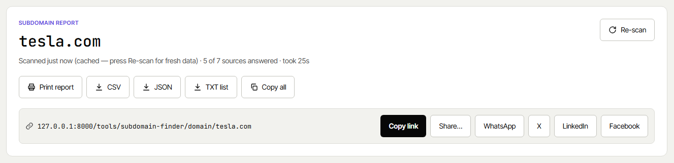 Print report, CSV, JSON, TXT list and Copy all buttons with the share link and WhatsApp, X, LinkedIn and Facebook