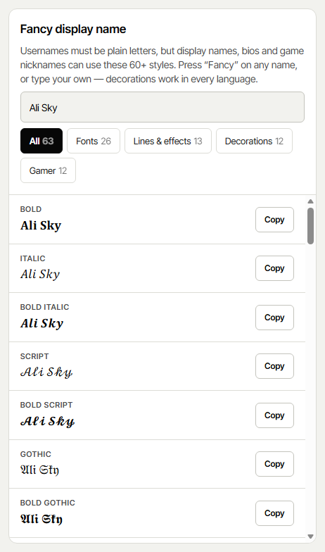 Fancy display name fonts: bold, italic, script, gothic, bubble and gamer decorations
