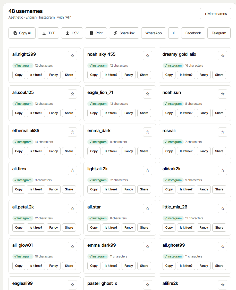 A grid of generated usernames with copy, check, fancy and share buttons