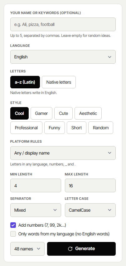 Username generator settings: keywords, language, letters, style, platform rules, length, separator and case