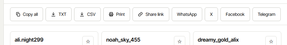 Copy all, TXT, CSV, Print, Share link, WhatsApp, X, Facebook and Telegram buttons