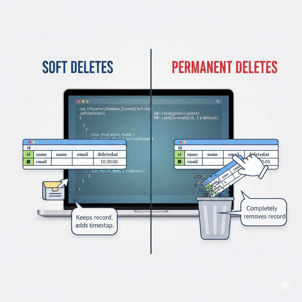 Soft Deletes vs Permanent Deletes in Laravel | Complete Guide with Examples